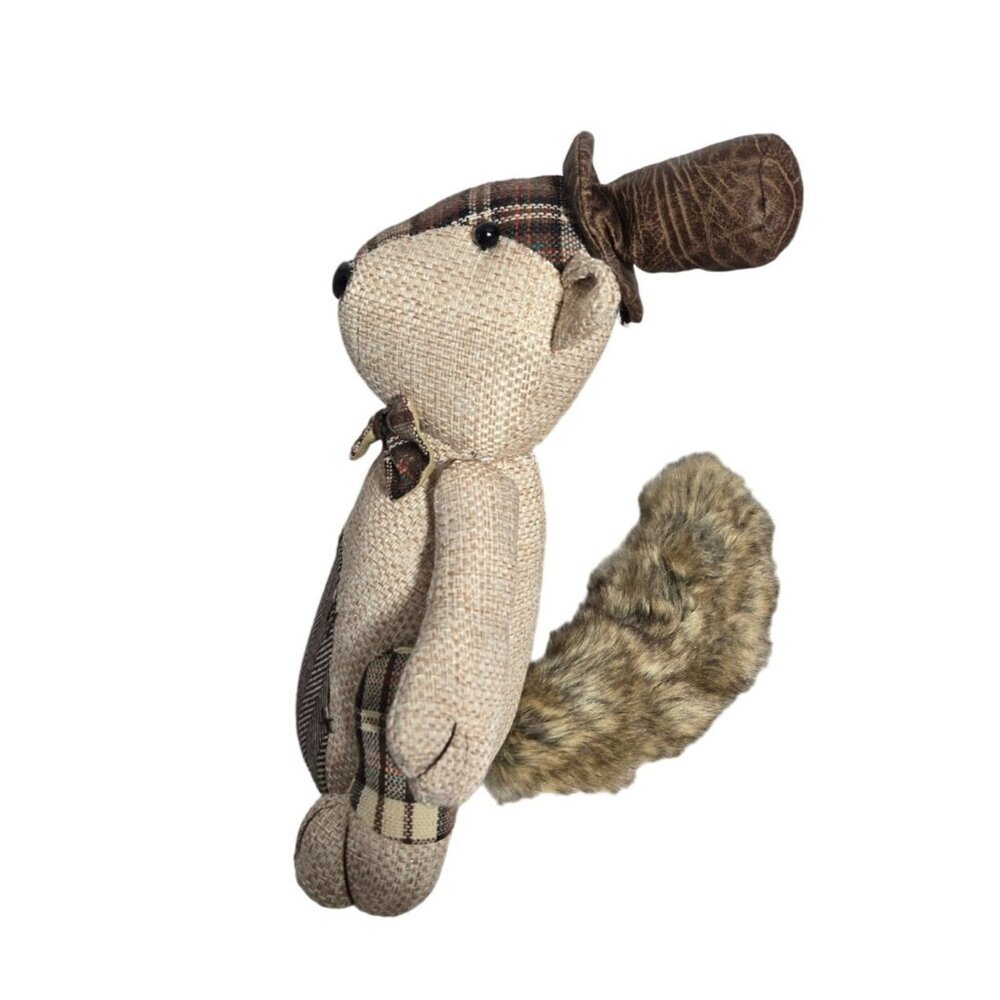 Rustic Fabric Squirrel Doorstop/ Shelf Sitter with Faux Fur Tail & Plaid Accents - Picture 6 of 11
